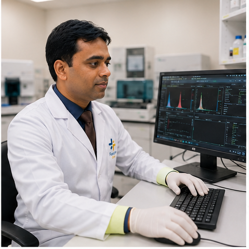 Laboratory technologist reviewing real-time diagnostic analyzer data at FairCare Labs